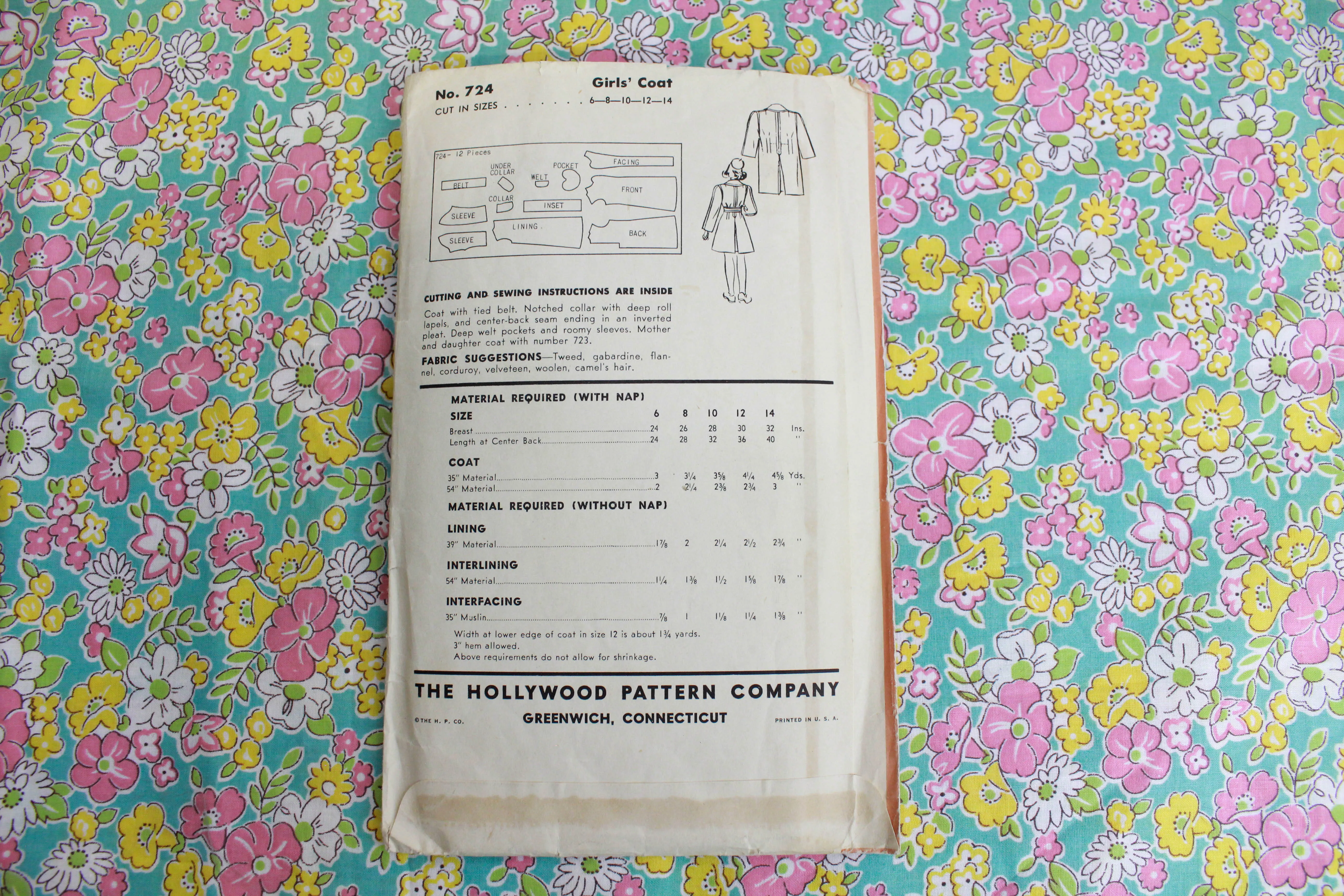 1930s or 40s Girls' Coat Sewing Pattern Hollywood 724, Complete, Bust 28"