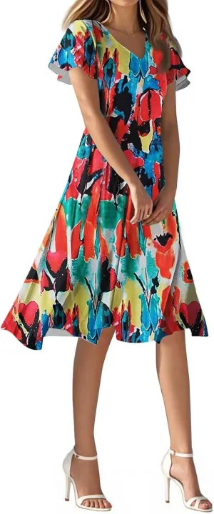 2025 Summer Dresses for Womencasualflowyelegant Wedding Dress Ruffle Short Sleeve Floral Dresses Midi Chiffon Dress