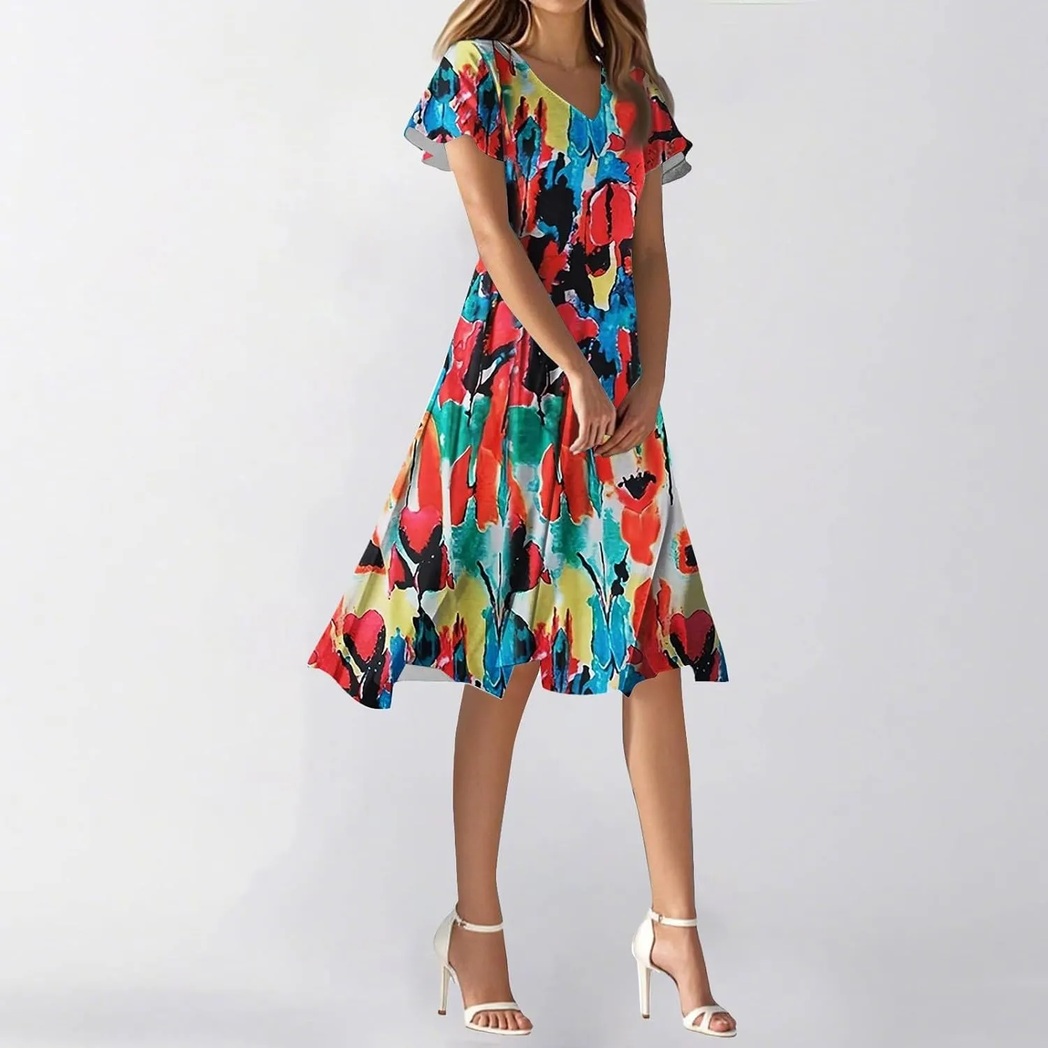 2025 Summer Dresses for Womencasualflowyelegant Wedding Dress Ruffle Short Sleeve Floral Dresses Midi Chiffon Dress