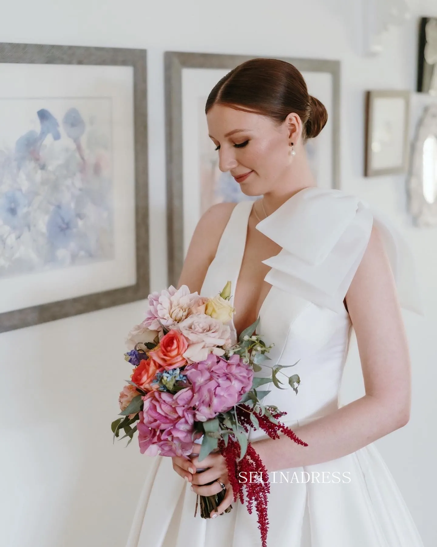 A-line Deep V neck Satin Rustic Wedding Dress Bridal Dresses JKP012