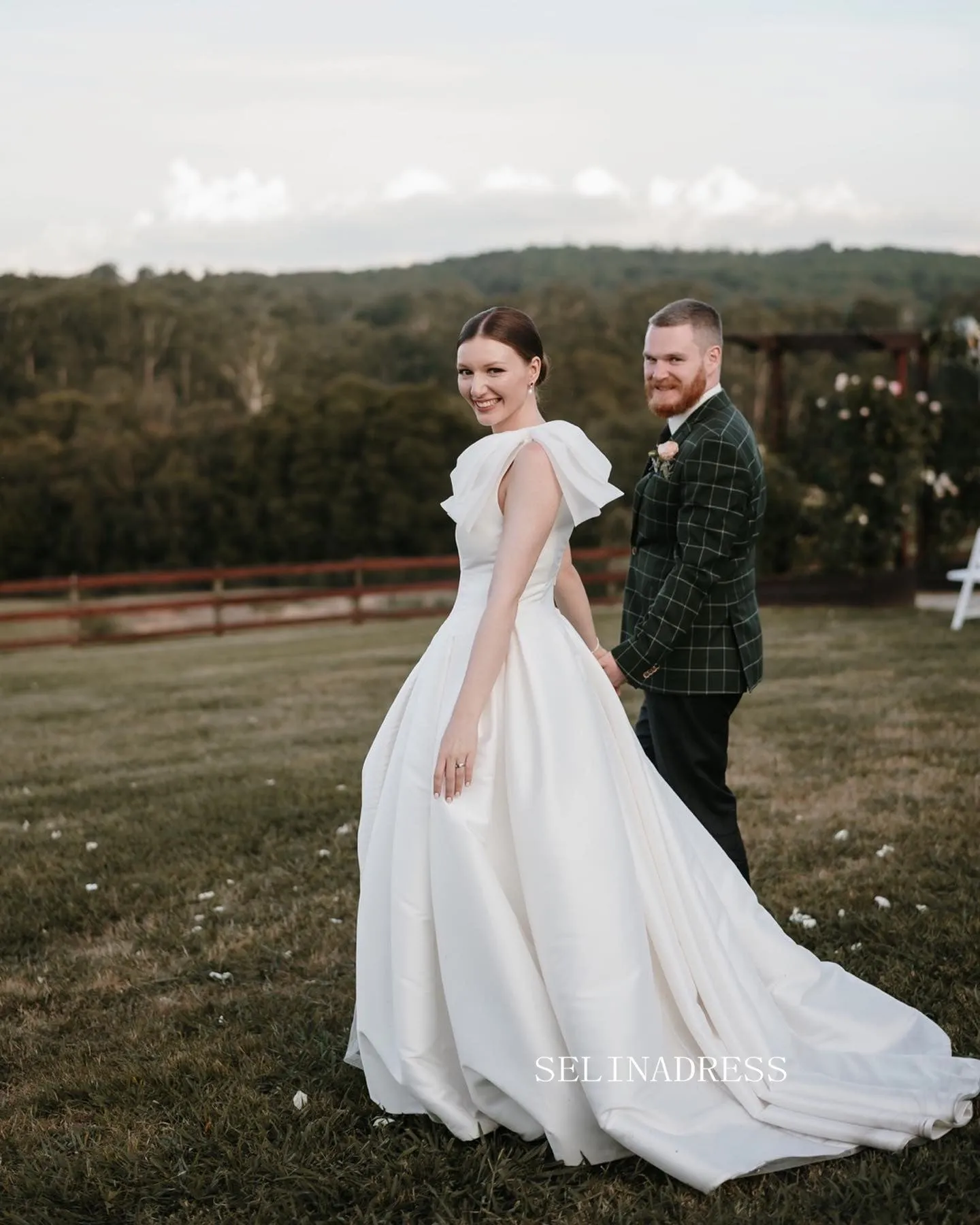 A-line Deep V neck Satin Rustic Wedding Dress Bridal Dresses JKP012