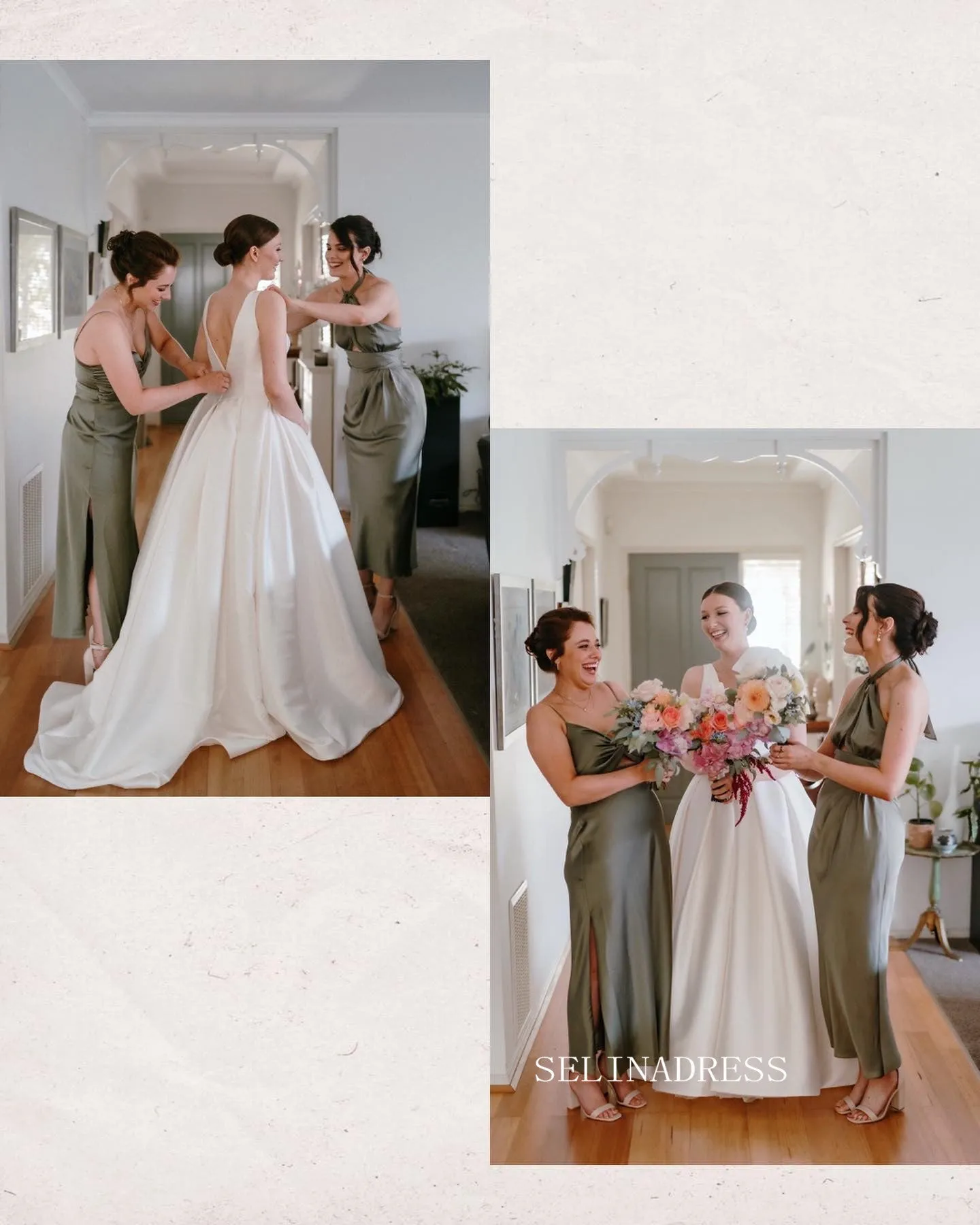 A-line Deep V neck Satin Rustic Wedding Dress Bridal Dresses JKP012