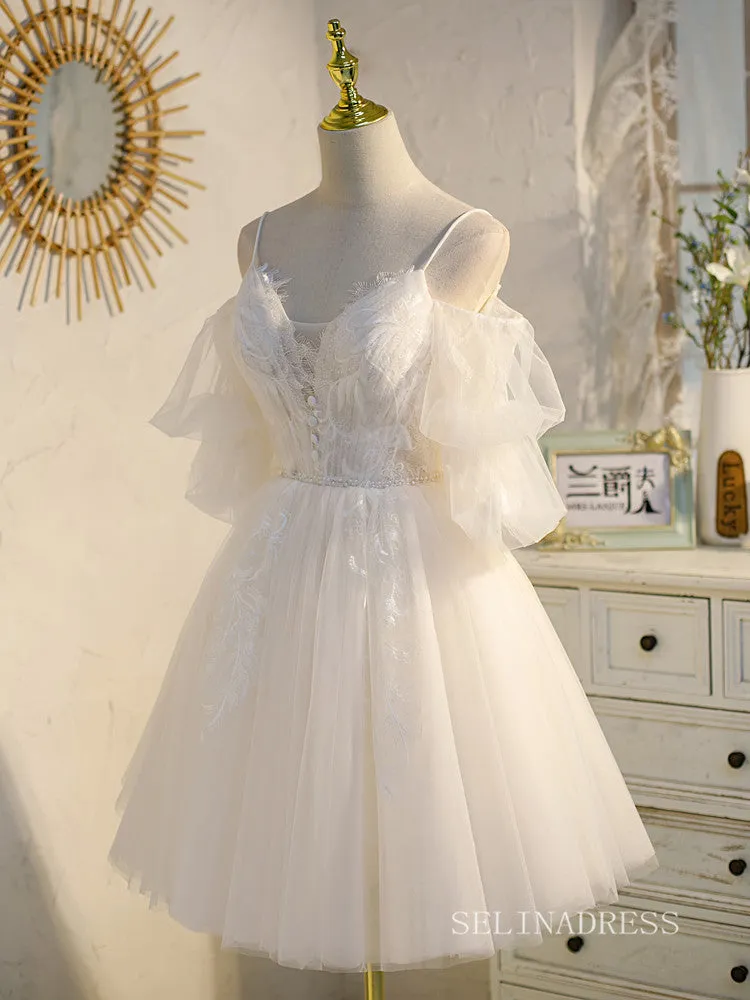 A-line Spaghetti Straps White Cute Homecoming Dress Lace Short Prom Dresses EDS013