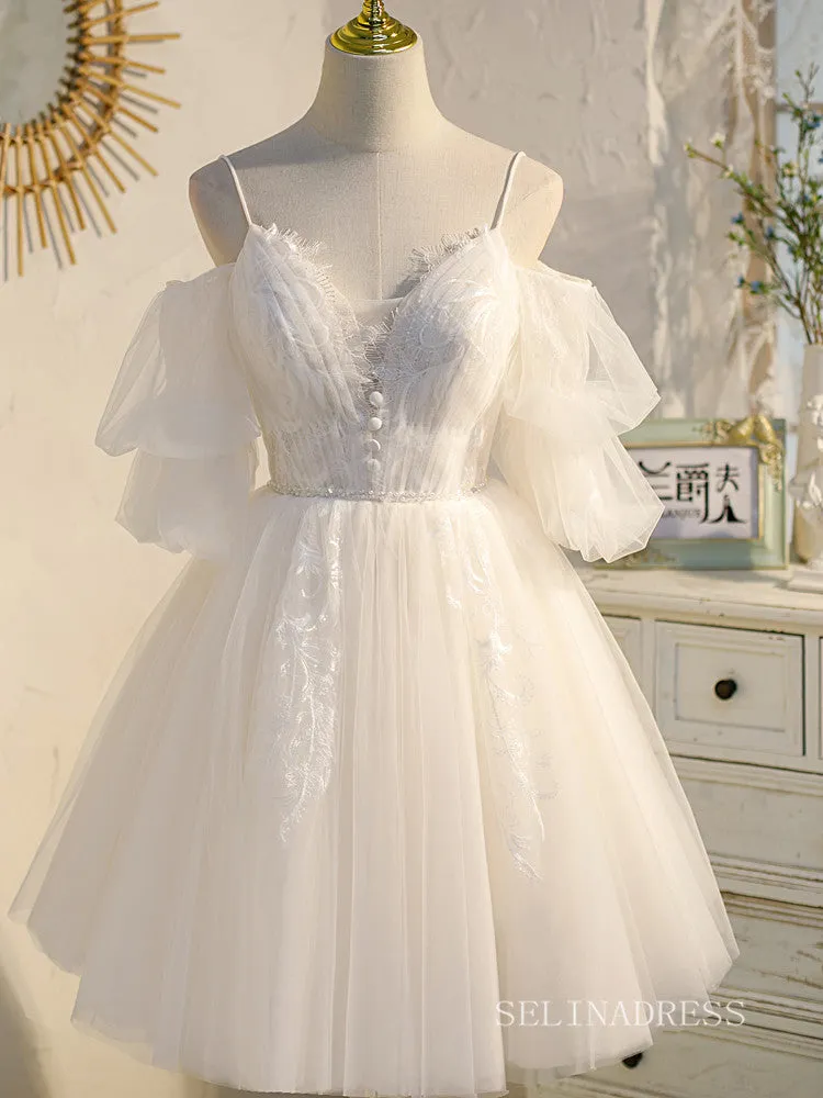 A-line Spaghetti Straps White Cute Homecoming Dress Lace Short Prom Dresses EDS013