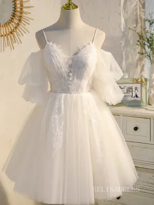 A-line Spaghetti Straps White Cute Homecoming Dress Lace Short Prom Dresses EDS013
