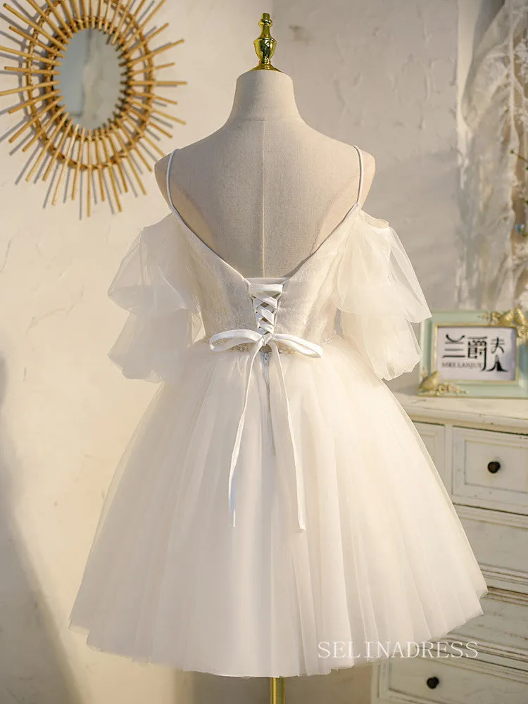 A-line Spaghetti Straps White Cute Homecoming Dress Lace Short Prom Dresses EDS013
