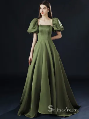 A-line Square Short Sleeve Long Prom Dress Satin Evening Dresses GKF018