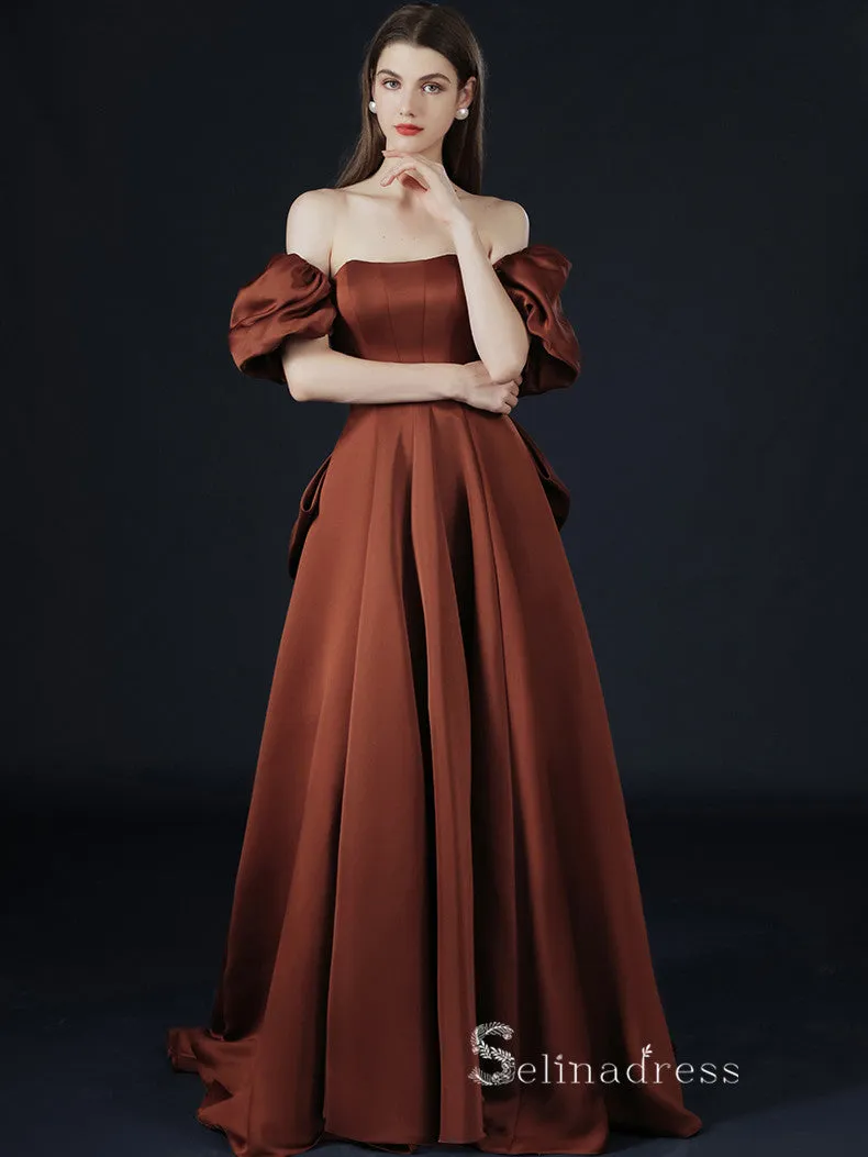 A-line Square Short Sleeve Long Prom Dress Satin Evening Dresses GKF018