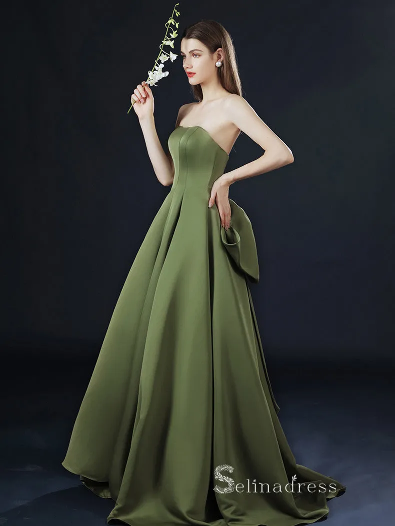 A-line Square Short Sleeve Long Prom Dress Satin Evening Dresses GKF018