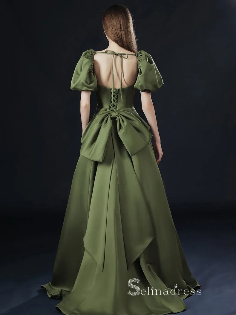 A-line Square Short Sleeve Long Prom Dress Satin Evening Dresses GKF018