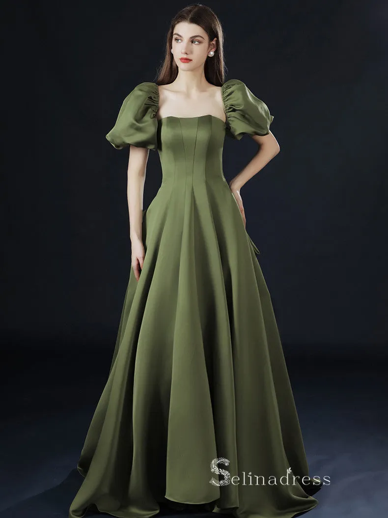 A-line Square Short Sleeve Long Prom Dress Satin Evening Dresses GKF018