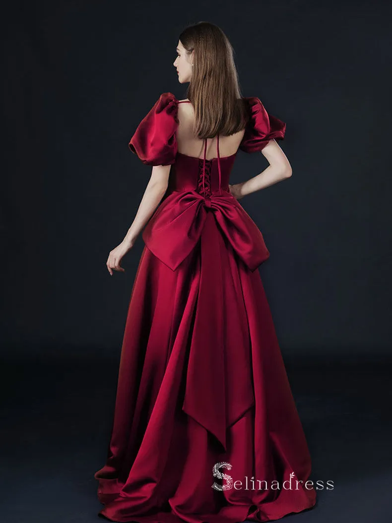 A-line Square Short Sleeve Long Prom Dress Satin Evening Dresses GKF018