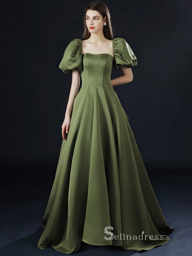 A-line Square Short Sleeve Long Prom Dress Satin Evening Dresses GKF018