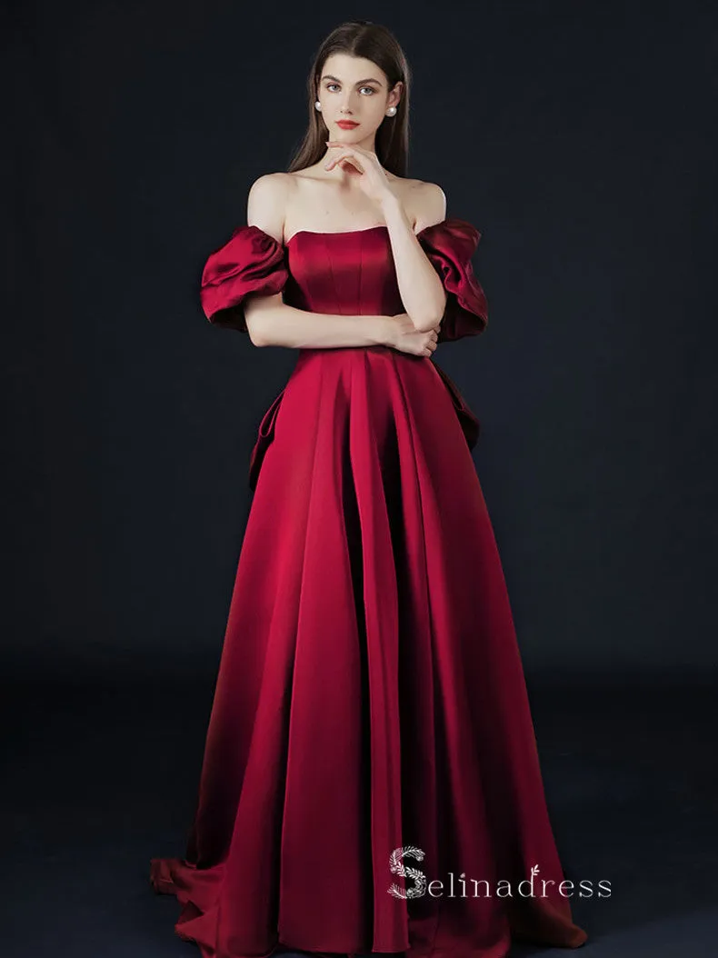A-line Square Short Sleeve Long Prom Dress Satin Evening Dresses GKF018