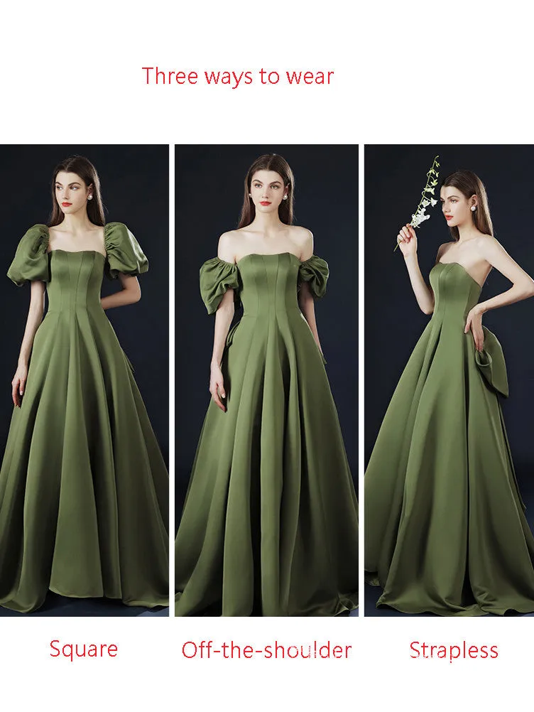 A-line Square Short Sleeve Long Prom Dress Satin Evening Dresses GKF018