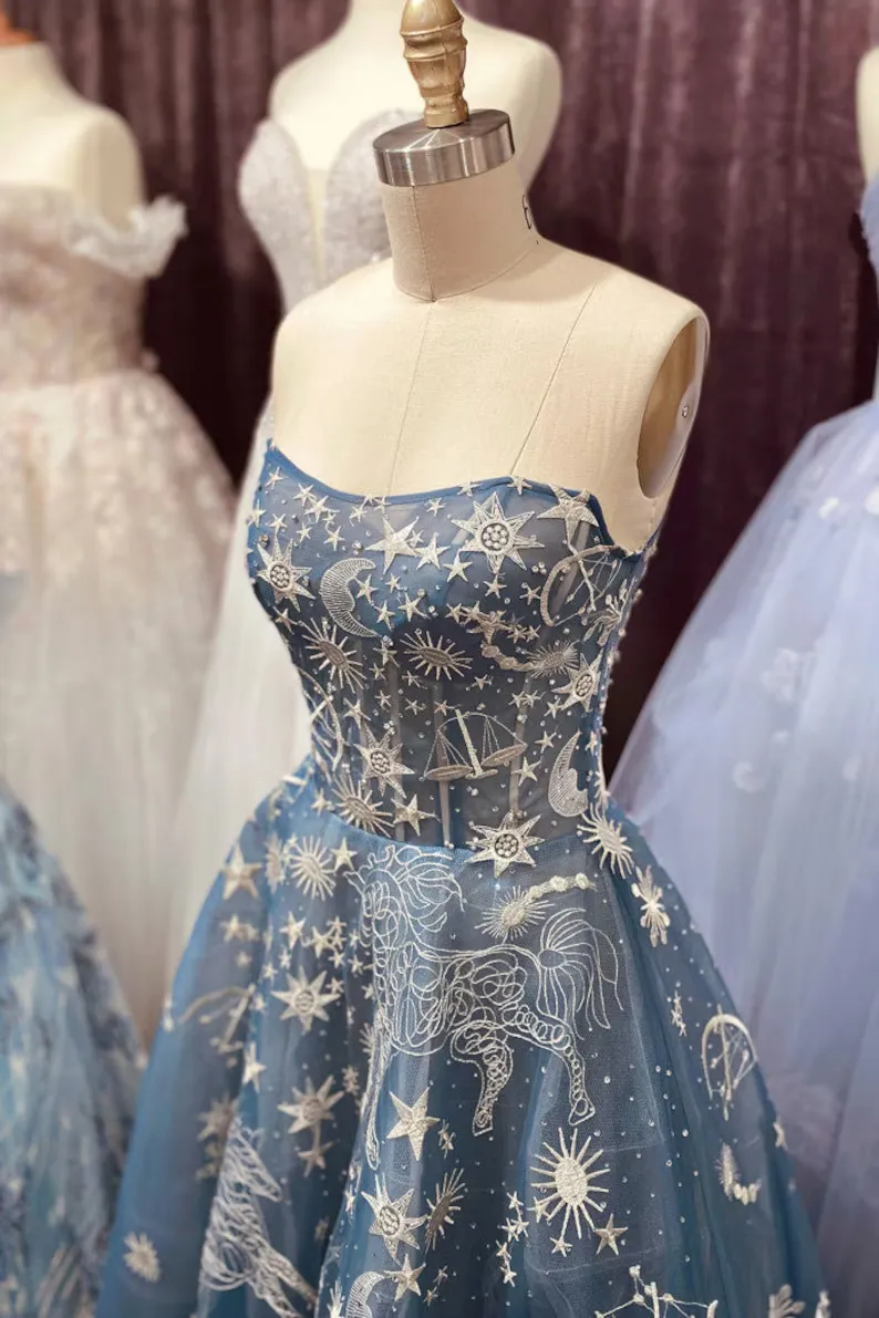A-line Strapless Unique Blue Prom Dress Gorgeous Evening Gowns #QWE036
