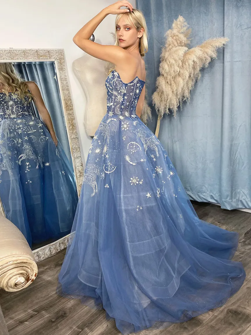 A-line Strapless Unique Blue Prom Dress Gorgeous Evening Gowns #QWE036