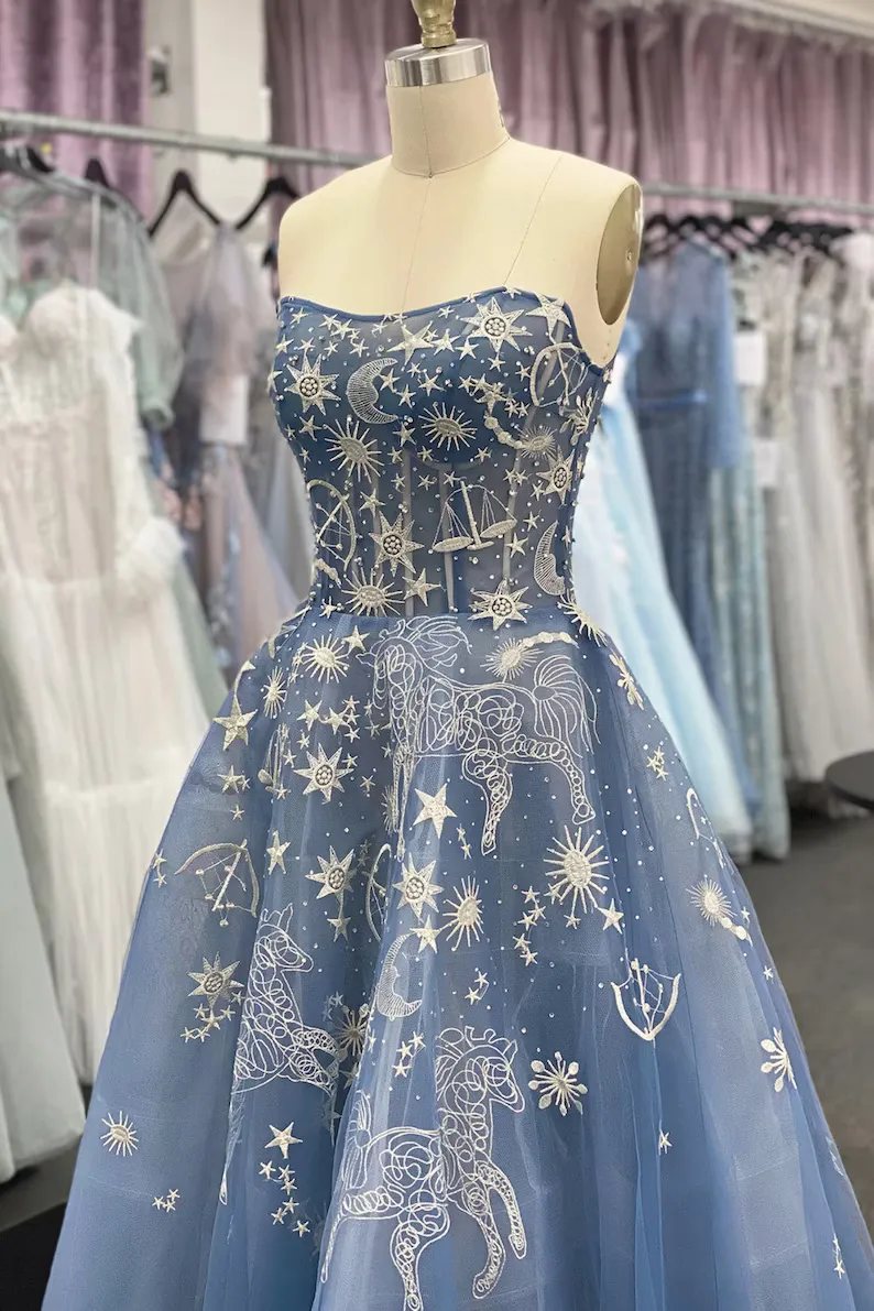 A-line Strapless Unique Blue Prom Dress Gorgeous Evening Gowns #QWE036