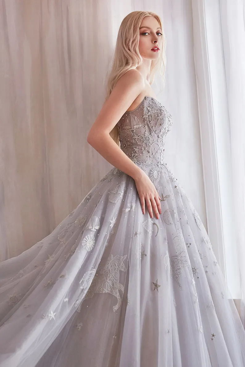 A-line Strapless Unique Blue Prom Dress Gorgeous Evening Gowns #QWE036