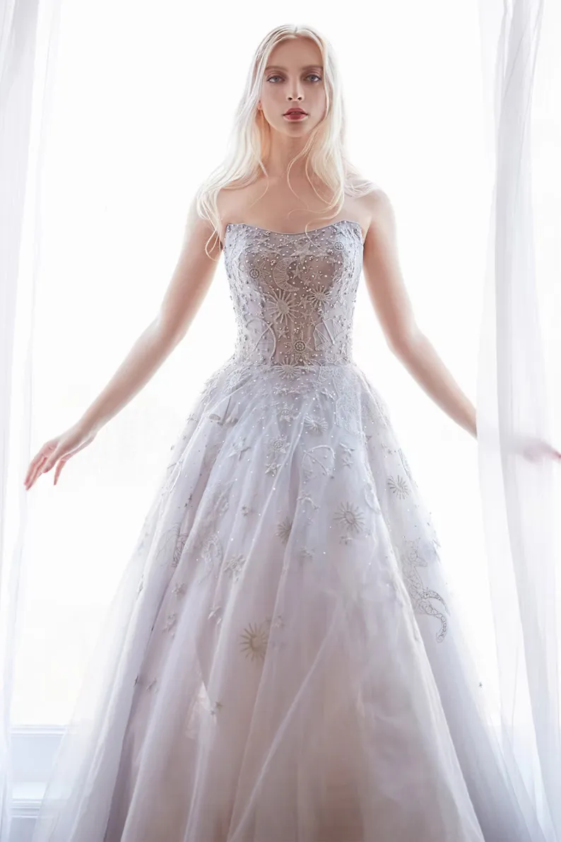 A-line Strapless Unique Blue Prom Dress Gorgeous Evening Gowns #QWE036