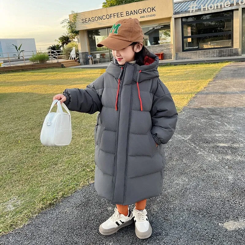 Contrast Color Drawstring Winter Long Down Coat