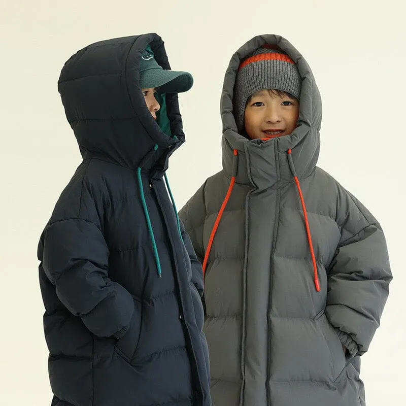 Contrast Color Drawstring Winter Long Down Coat