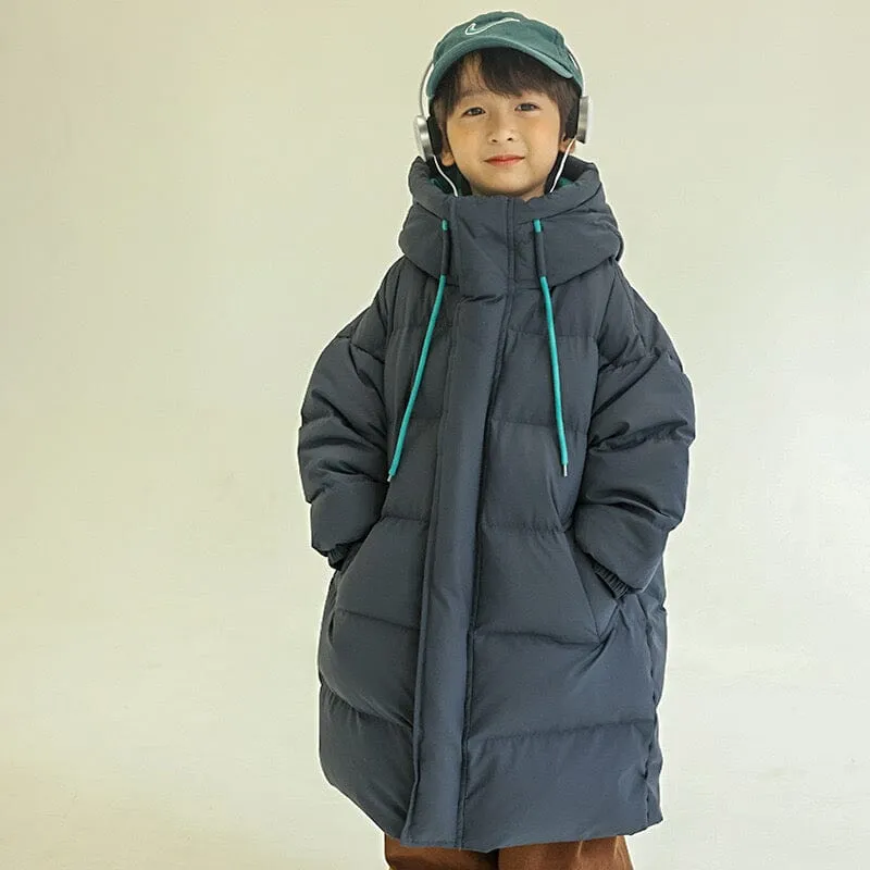 Contrast Color Drawstring Winter Long Down Coat