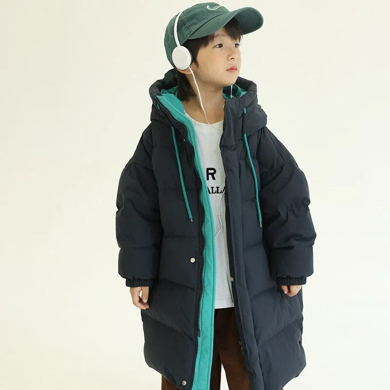 Contrast Color Drawstring Winter Long Down Coat
