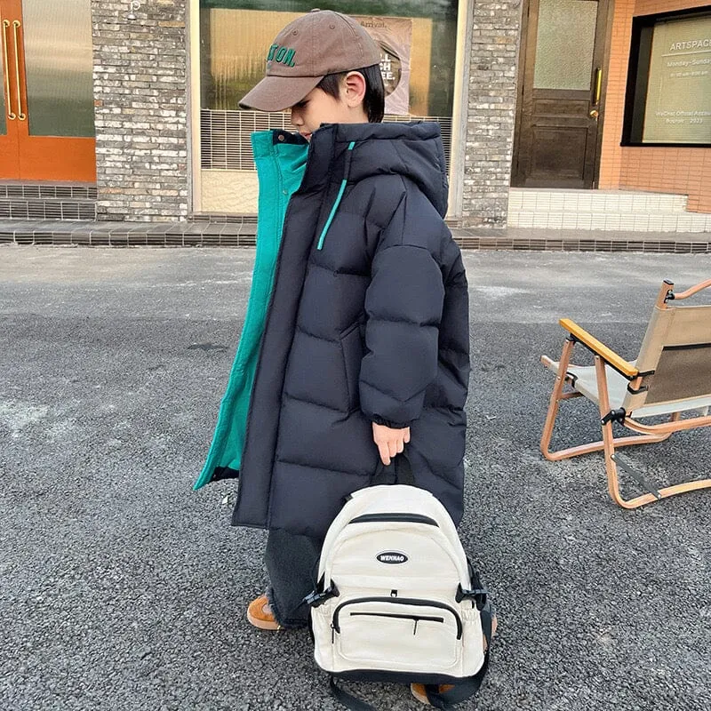 Contrast Color Drawstring Winter Long Down Coat