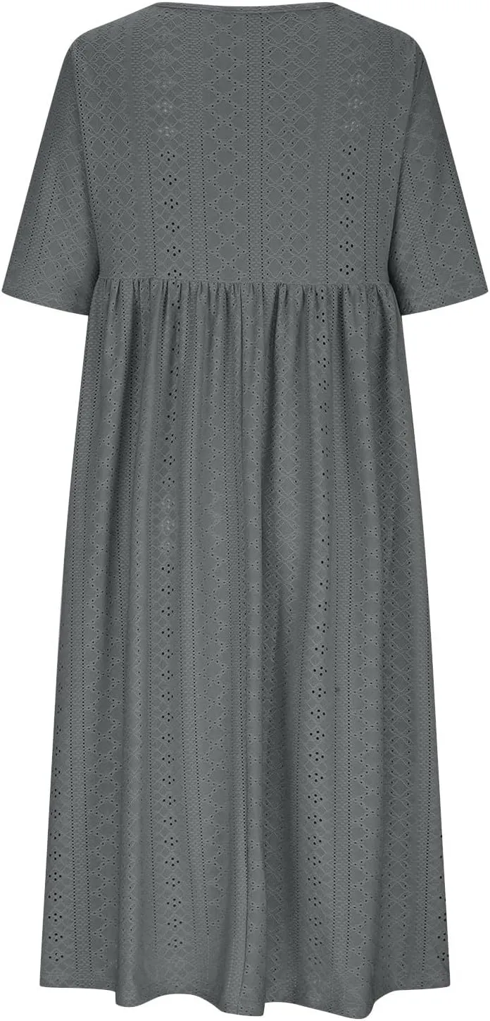 Eyelet Sundress for Women Hollow Out Embroidery & Breathable O-Neck Beach Dress Casual Midi Dress with Pockets