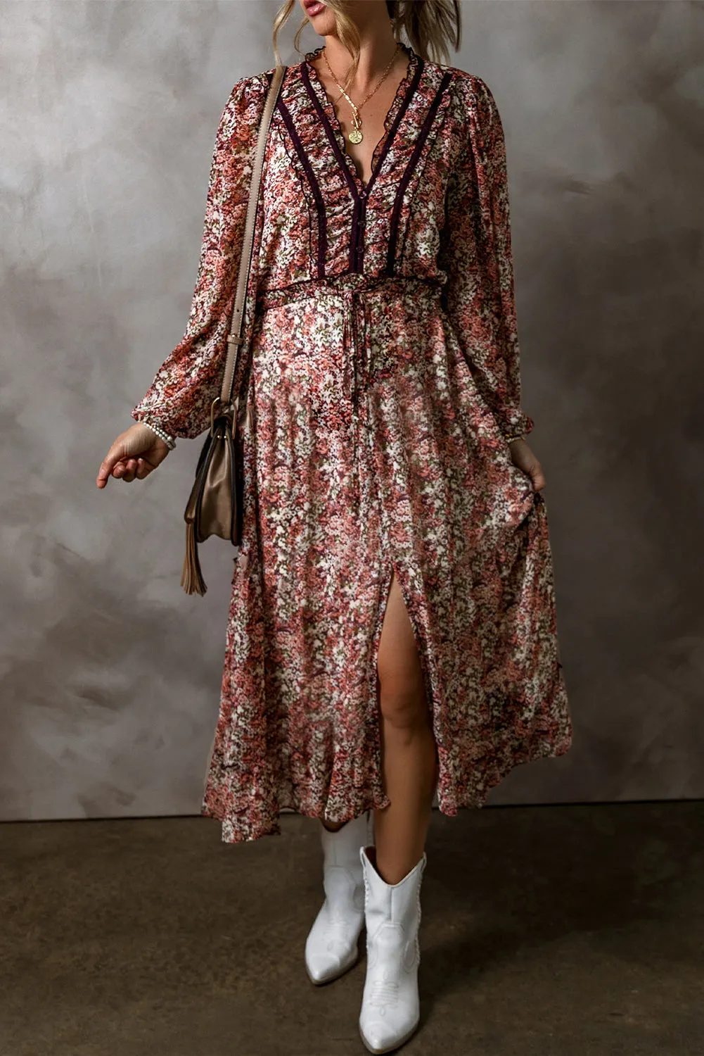 Floral Print V-Neck Midi Dress