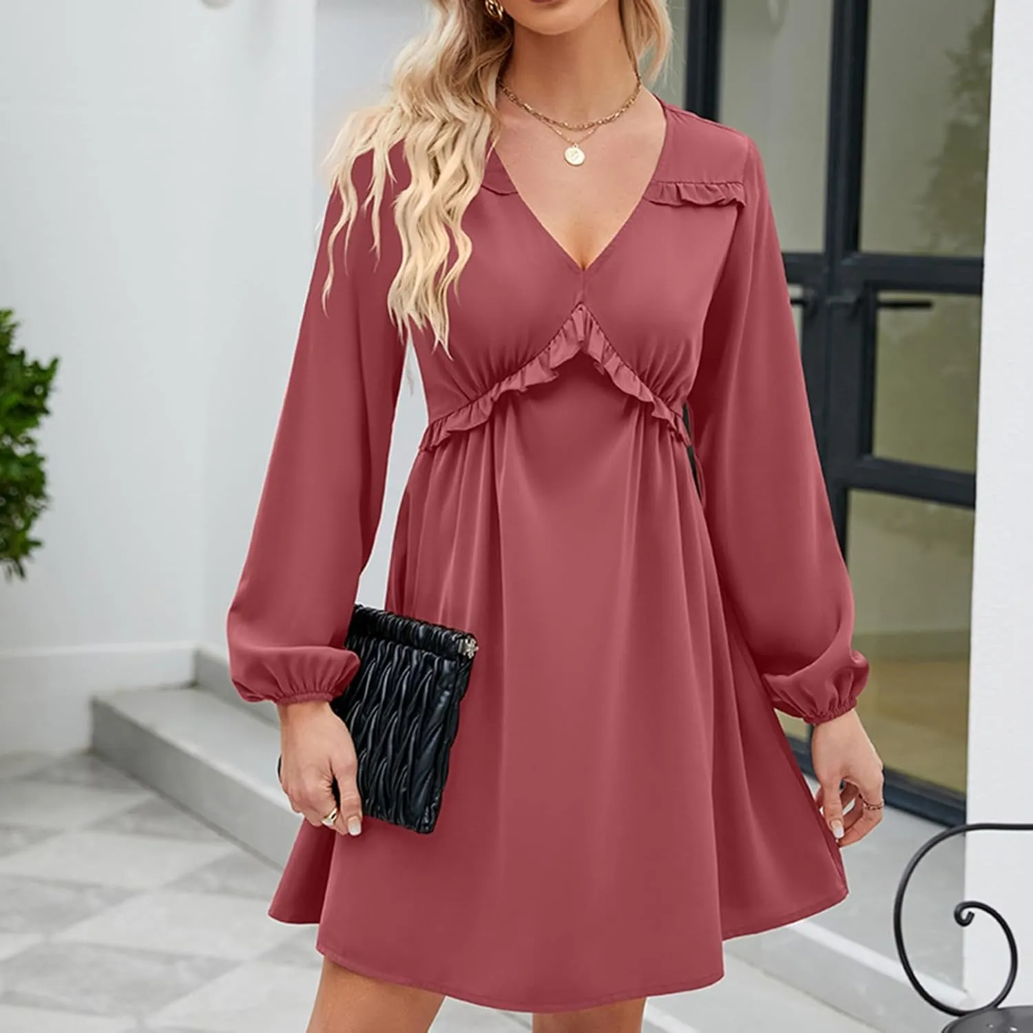 JOAU Women's Long Puff Sleeve V Neck Ruffle High Waist Casual Party Dress Fashion Lightweight Elegant A-Line Mini Dresses