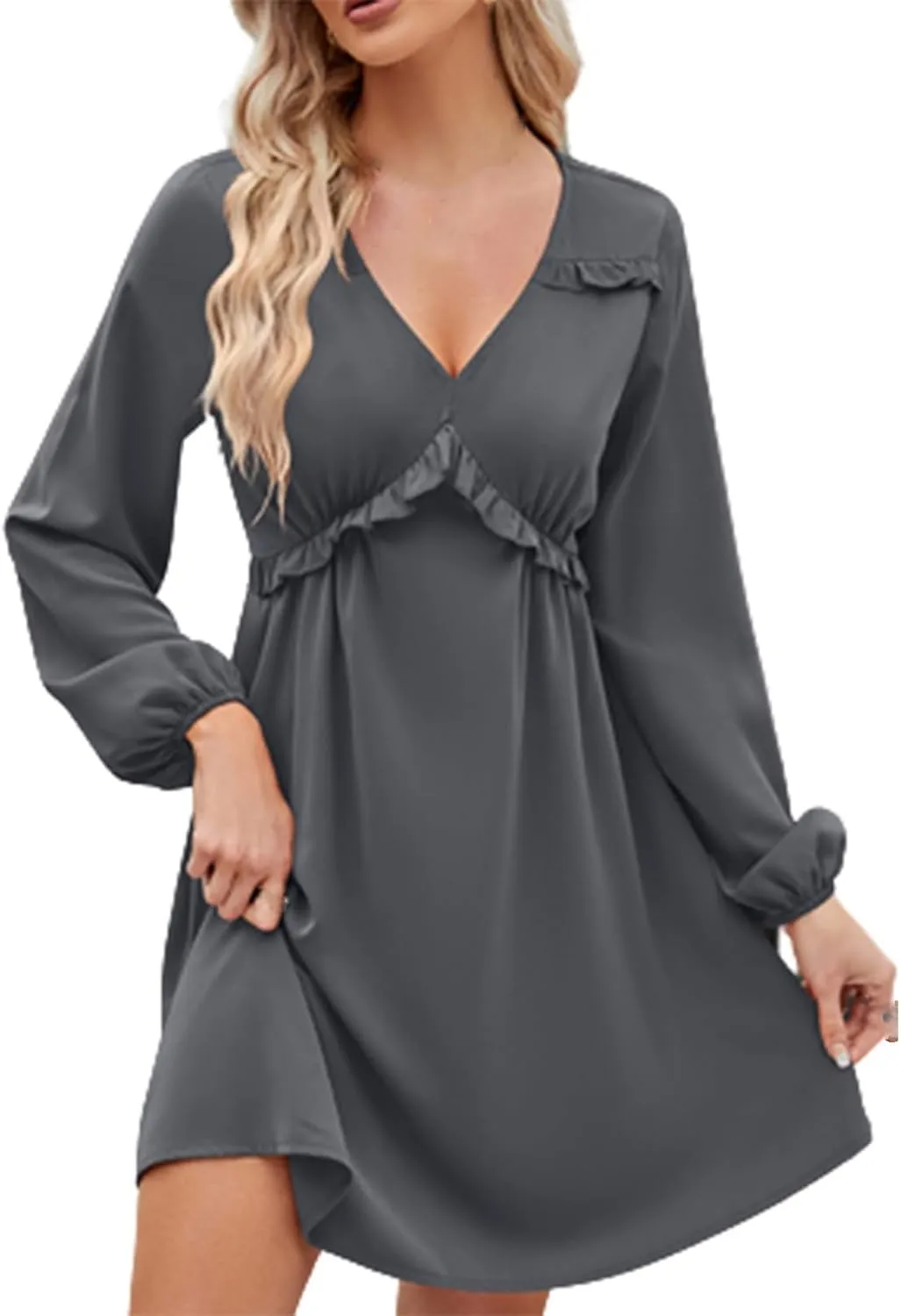JOAU Women's Long Puff Sleeve V Neck Ruffle High Waist Casual Party Dress Fashion Lightweight Elegant A-Line Mini Dresses