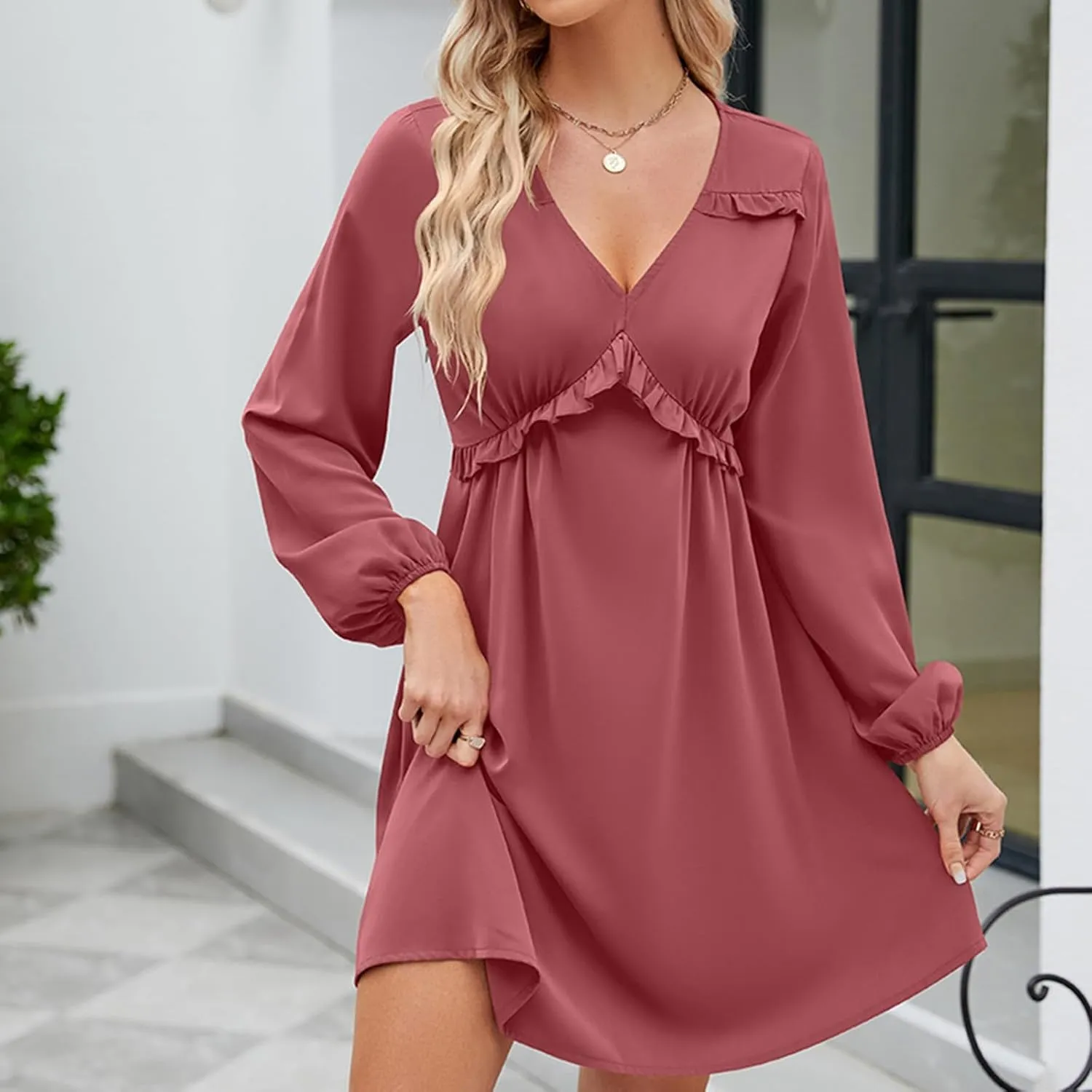 JOAU Women's Long Puff Sleeve V Neck Ruffle High Waist Casual Party Dress Fashion Lightweight Elegant A-Line Mini Dresses