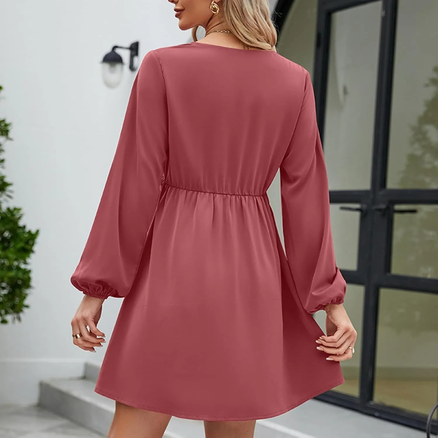 JOAU Women's Long Puff Sleeve V Neck Ruffle High Waist Casual Party Dress Fashion Lightweight Elegant A-Line Mini Dresses
