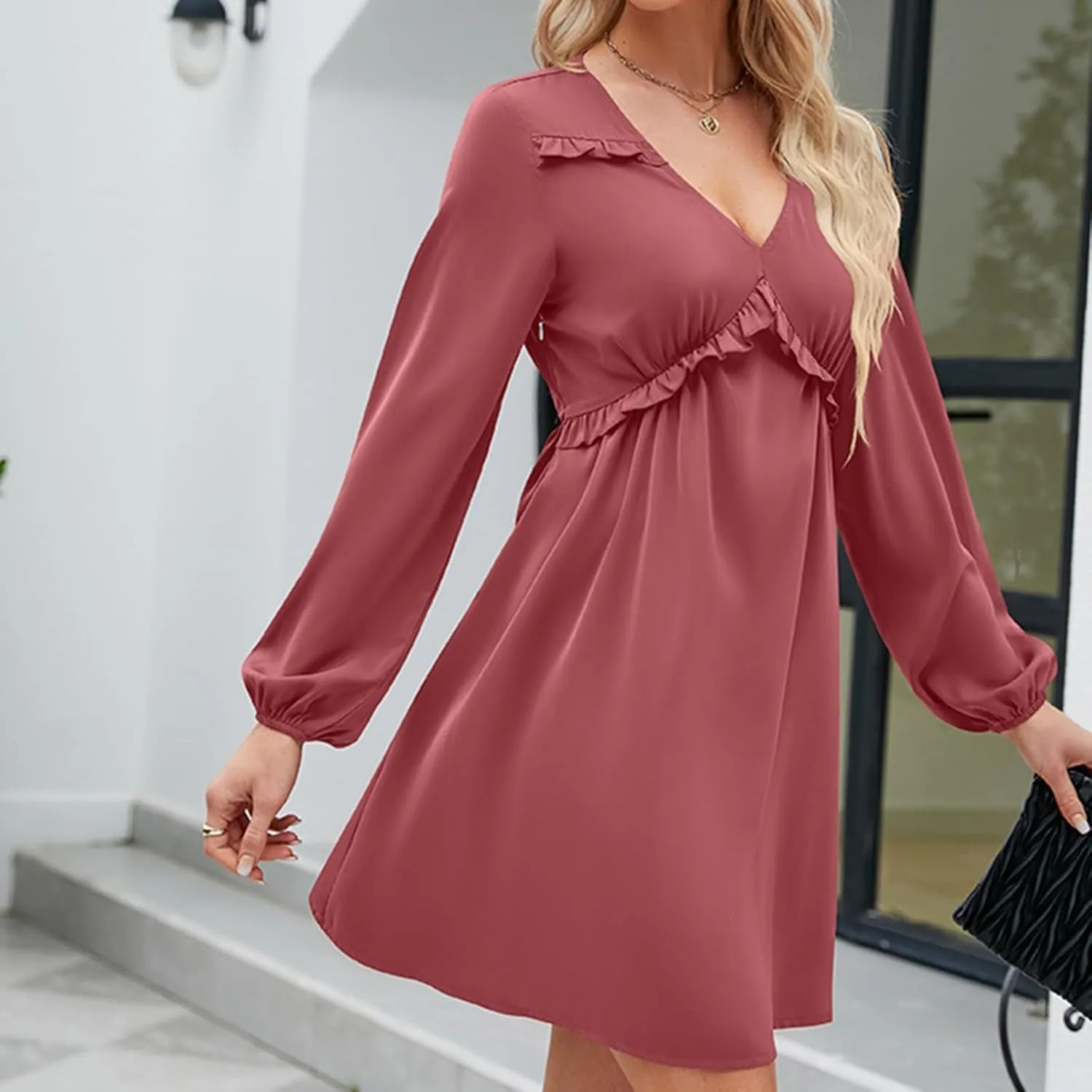 JOAU Women's Long Puff Sleeve V Neck Ruffle High Waist Casual Party Dress Fashion Lightweight Elegant A-Line Mini Dresses
