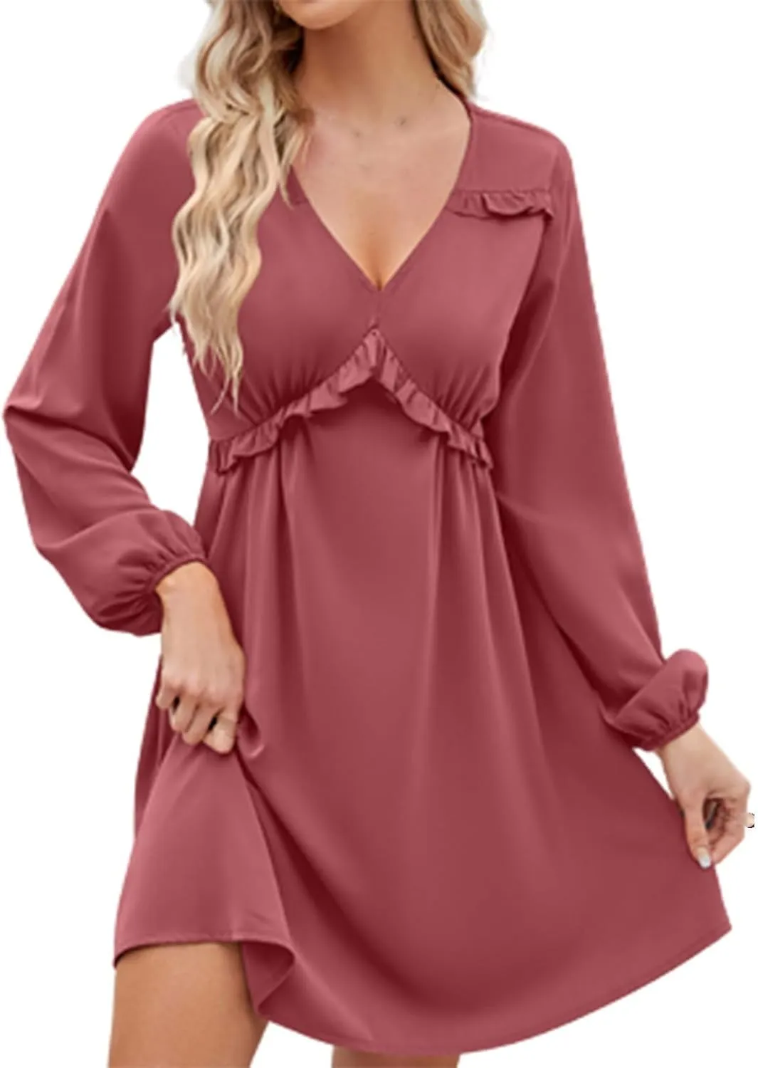 JOAU Women's Long Puff Sleeve V Neck Ruffle High Waist Casual Party Dress Fashion Lightweight Elegant A-Line Mini Dresses