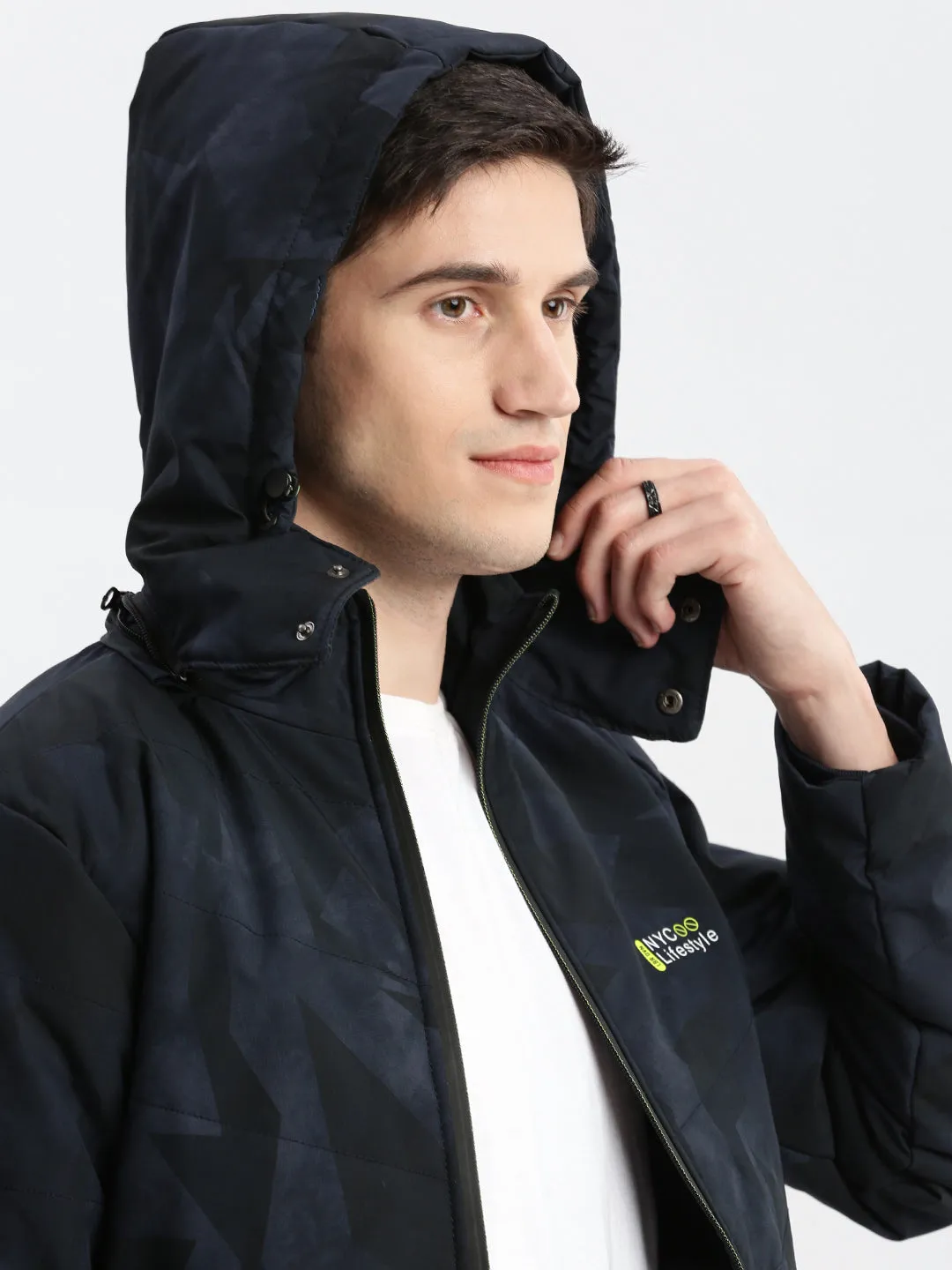 Men Abstract Mock Collar Navy Blue Puffer Jacket with Detachable Hoodie