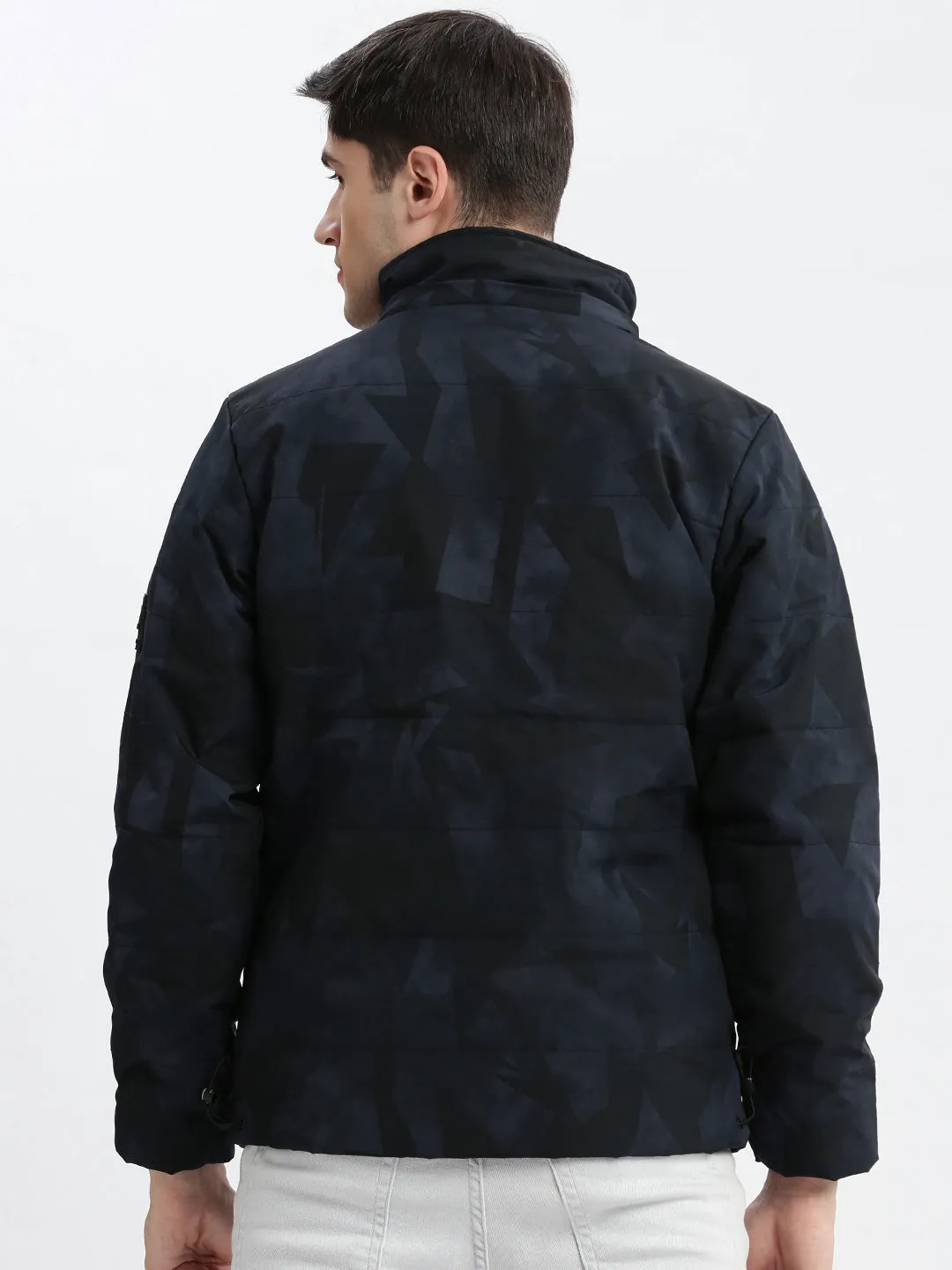 Men Abstract Mock Collar Navy Blue Puffer Jacket with Detachable Hoodie