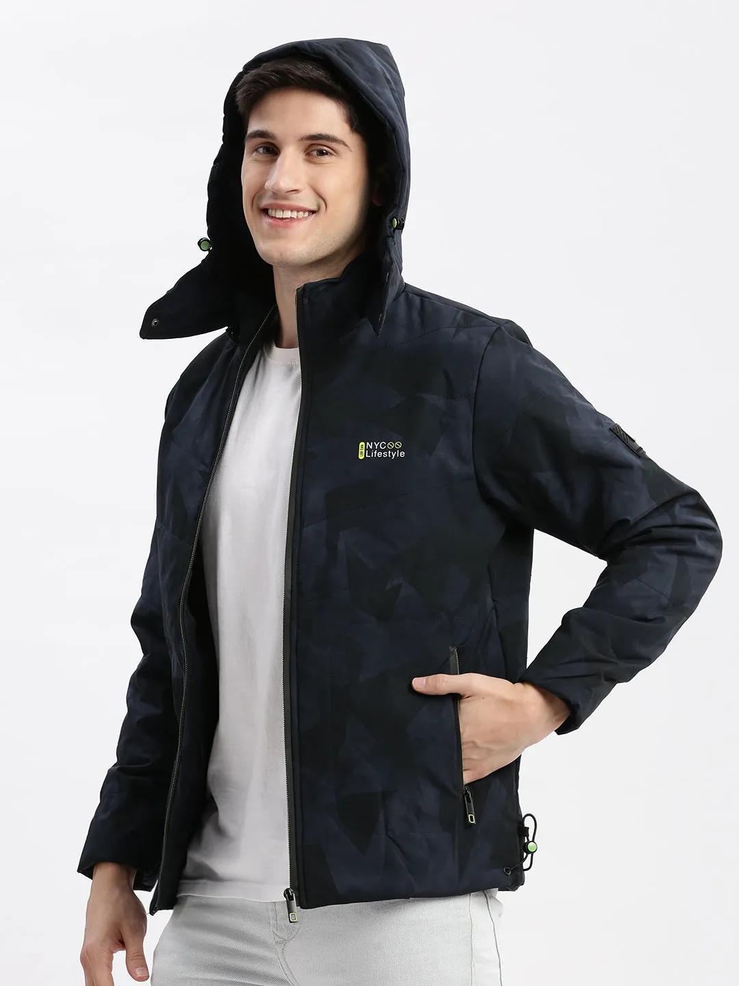 Men Abstract Mock Collar Navy Blue Puffer Jacket with Detachable Hoodie