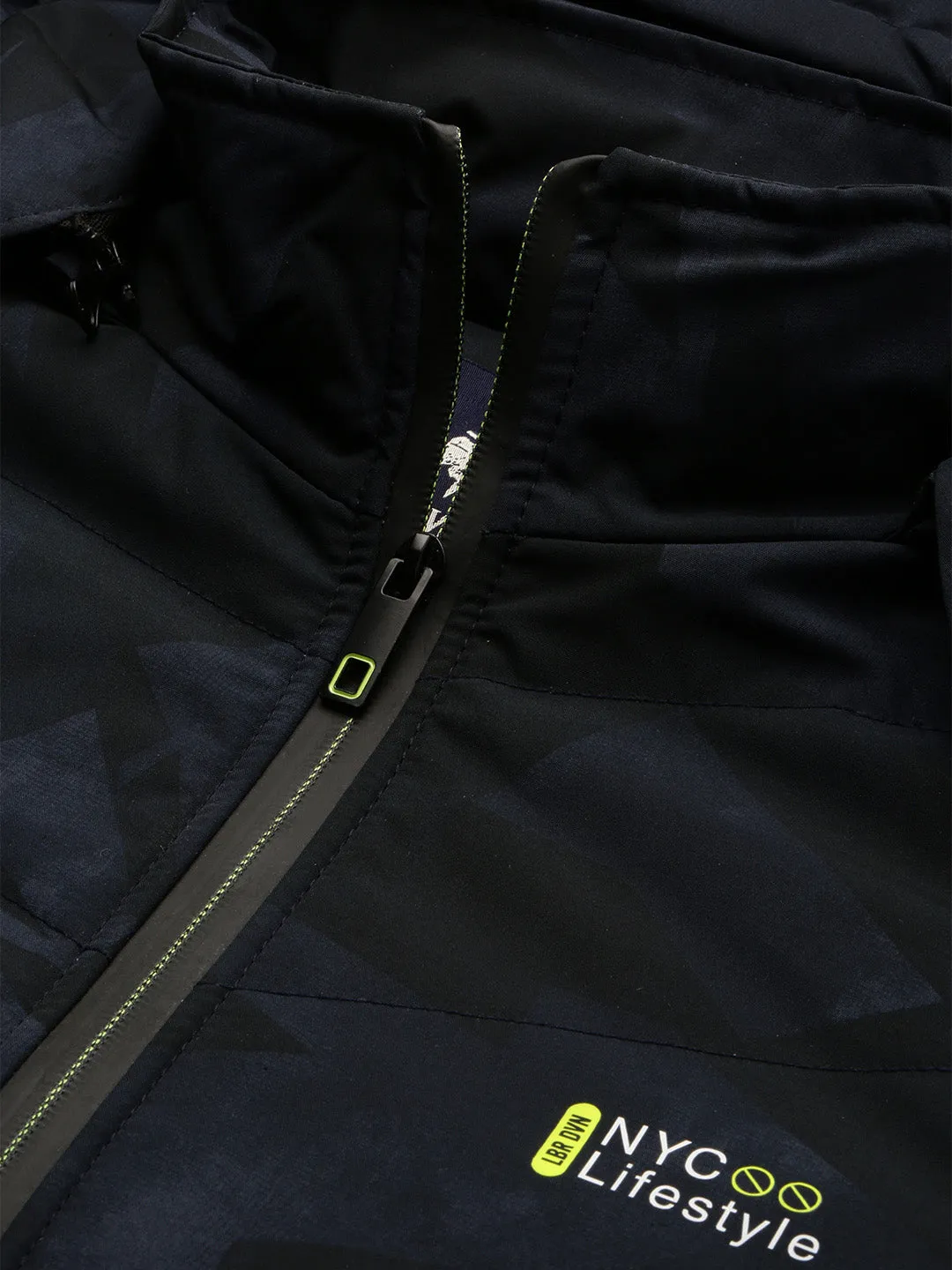 Men Abstract Mock Collar Navy Blue Puffer Jacket with Detachable Hoodie