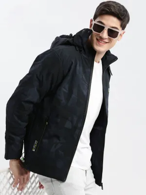 Men Abstract Mock Collar Navy Blue Puffer Jacket with Detachable Hoodie