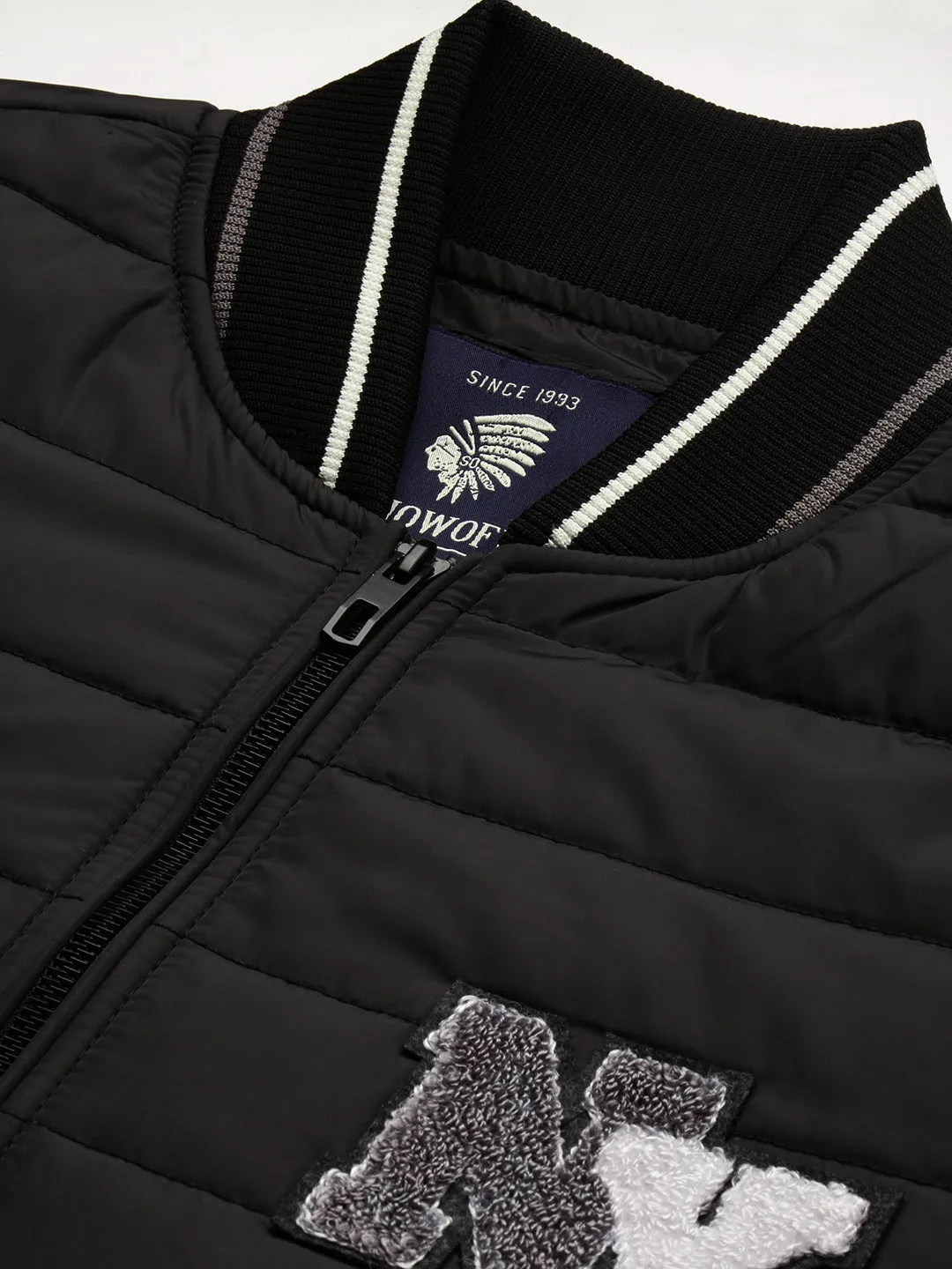 Men Black Typography Printed Mandarin Collar Windcheater Rapid-Dry Slim fit Padded Jacket