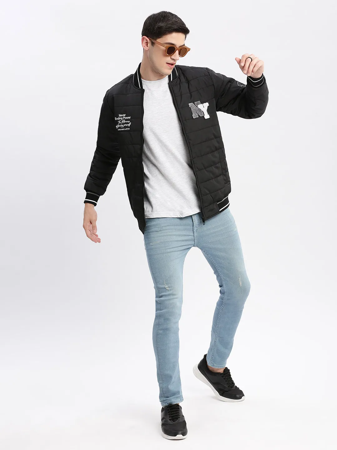 Men Black Typography Printed Mandarin Collar Windcheater Rapid-Dry Slim fit Padded Jacket