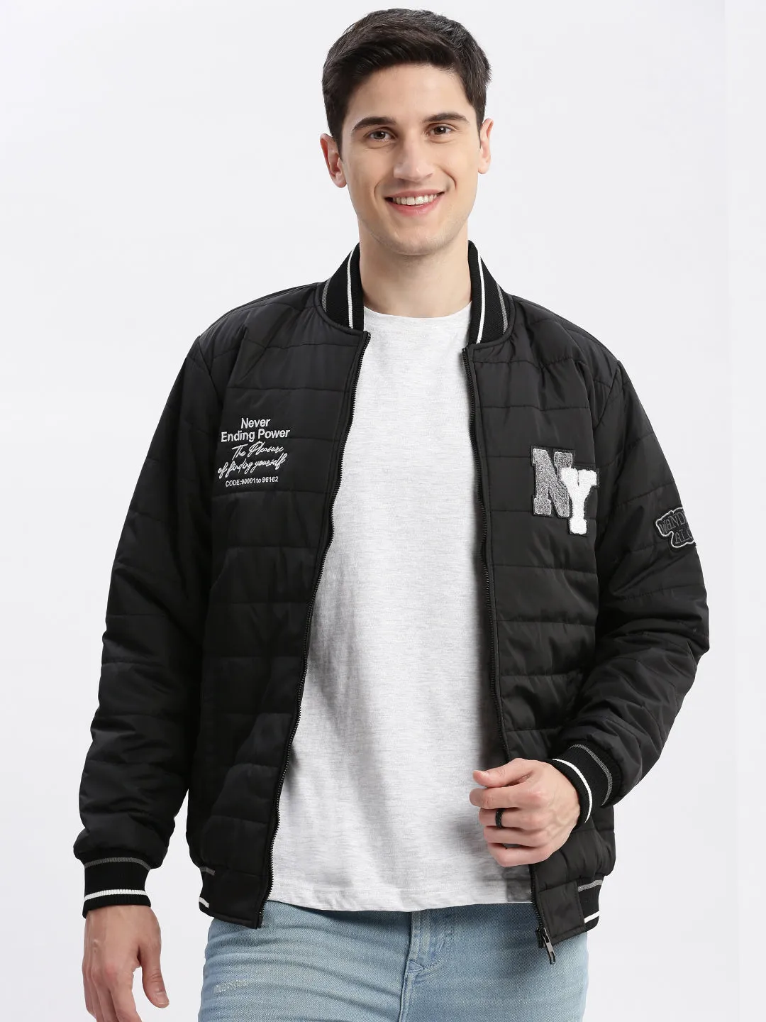 Men Black Typography Printed Mandarin Collar Windcheater Rapid-Dry Slim fit Padded Jacket
