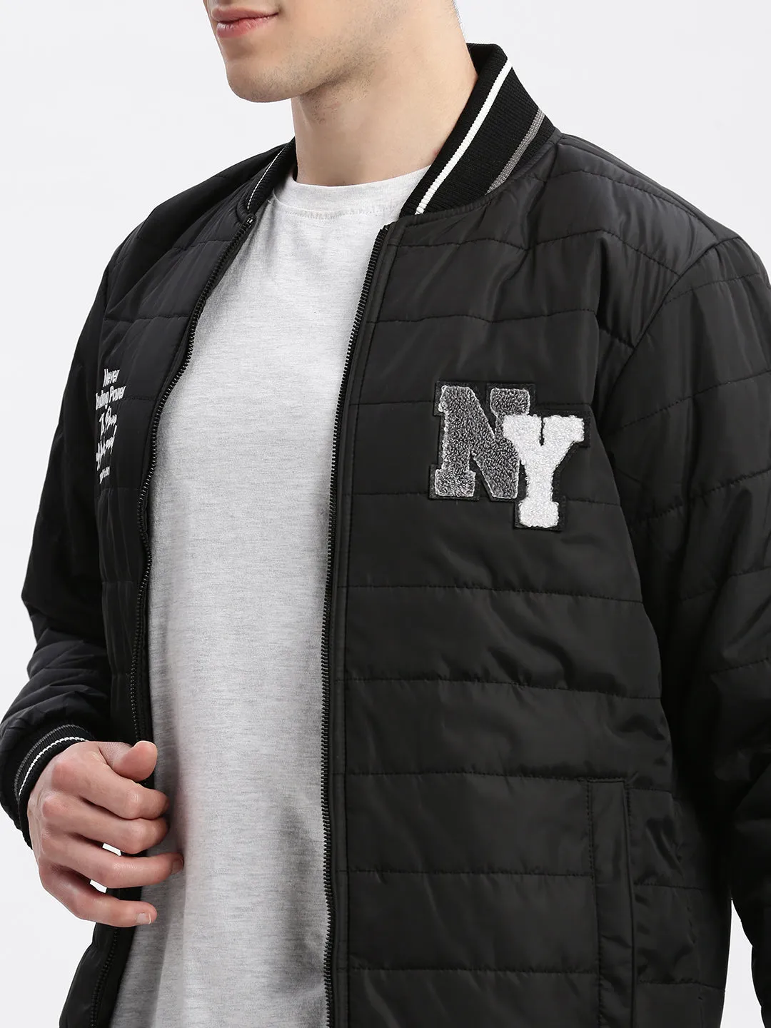 Men Black Typography Printed Mandarin Collar Windcheater Rapid-Dry Slim fit Padded Jacket