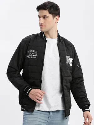 Men Black Typography Printed Mandarin Collar Windcheater Rapid-Dry Slim fit Padded Jacket