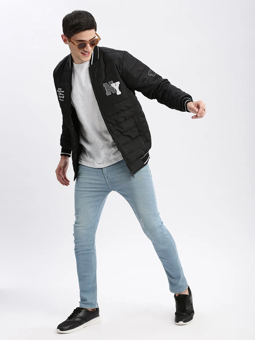 Men Black Typography Printed Mandarin Collar Windcheater Rapid-Dry Slim fit Padded Jacket