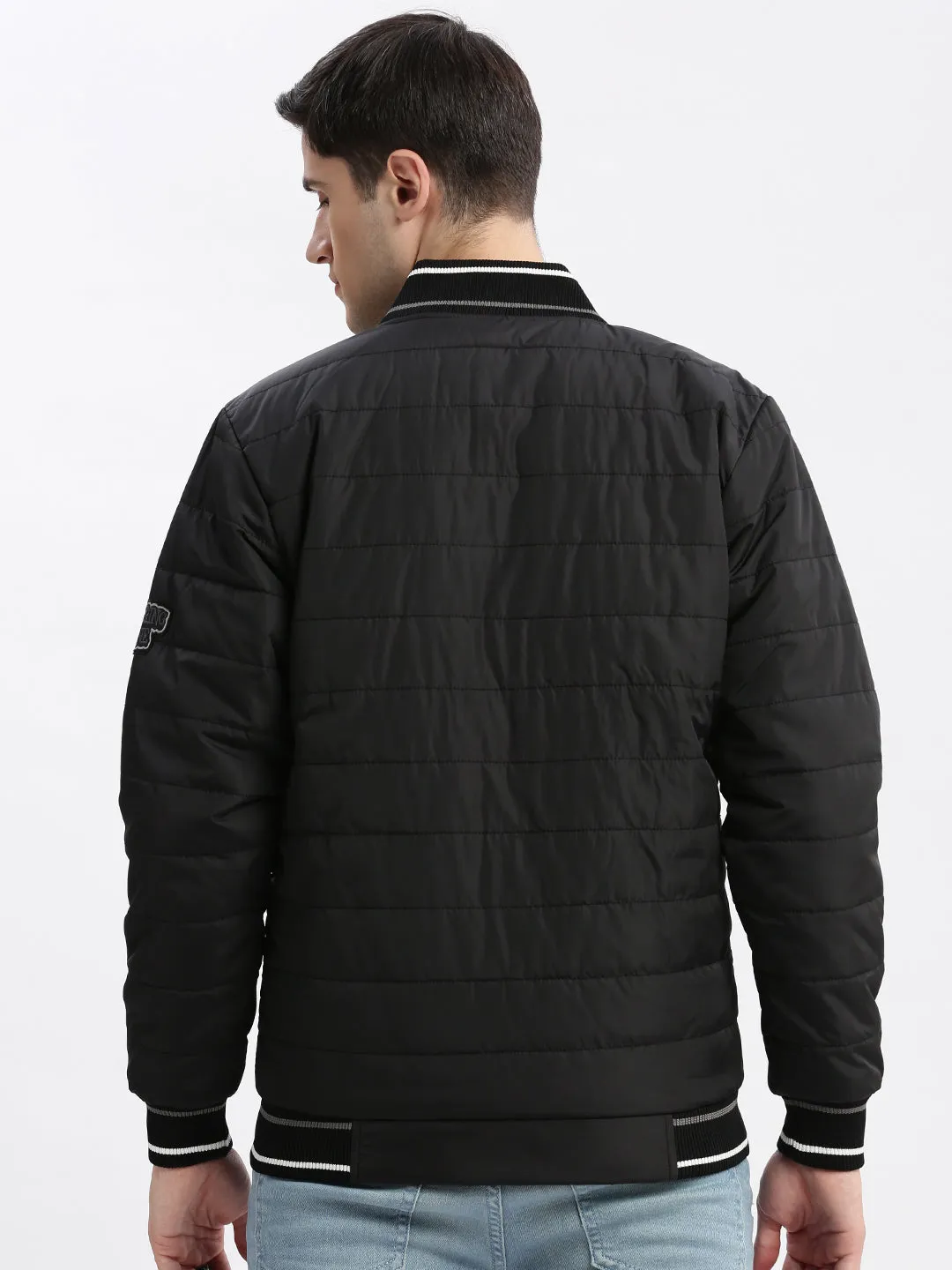 Men Black Typography Printed Mandarin Collar Windcheater Rapid-Dry Slim fit Padded Jacket