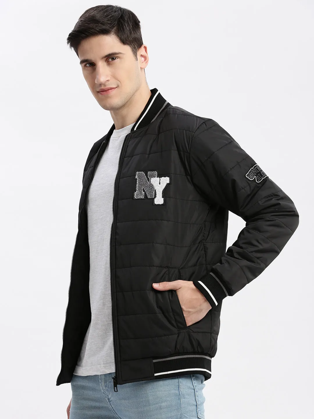 Men Black Typography Printed Mandarin Collar Windcheater Rapid-Dry Slim fit Padded Jacket